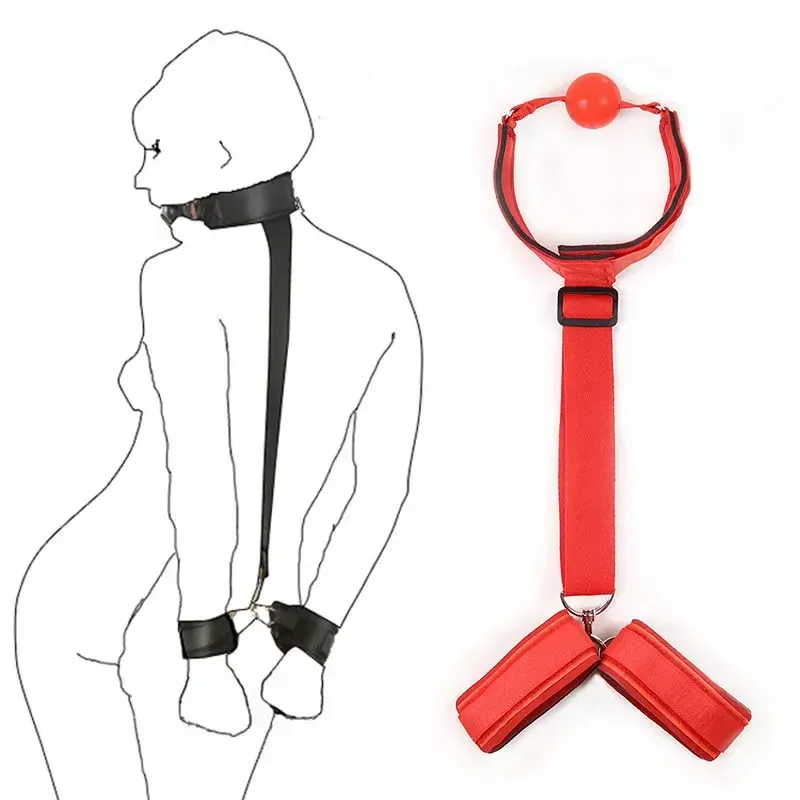 Collier de retenue de bondage BDSM 2 en 1 pour couple menottes et bâillon buccal