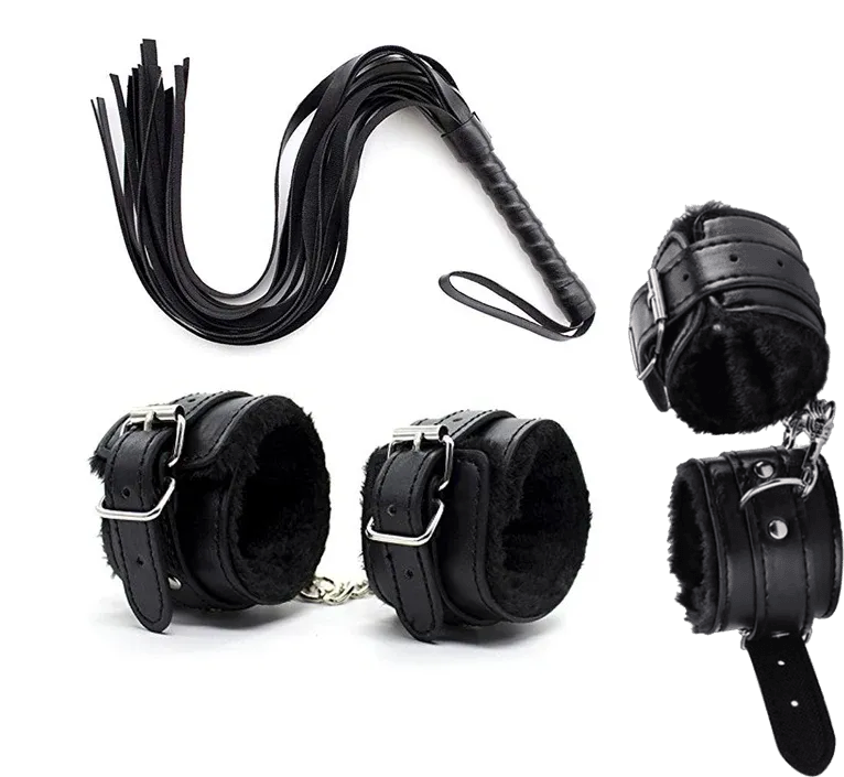 Lot de 2 paires de Menotttes sexy BDSM intérieur fourrure plus fouet en cuir pour jeu érotique en couple